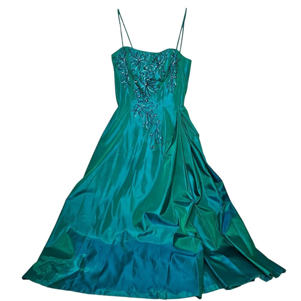 Emma Domb VTG 50s Size 18 Green Sequin Beaded Maxi Dress Formal Gown Sleeveless
